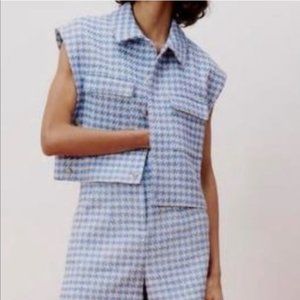 Zara - Blue Houndstooth Sleeveless Jacket Size L